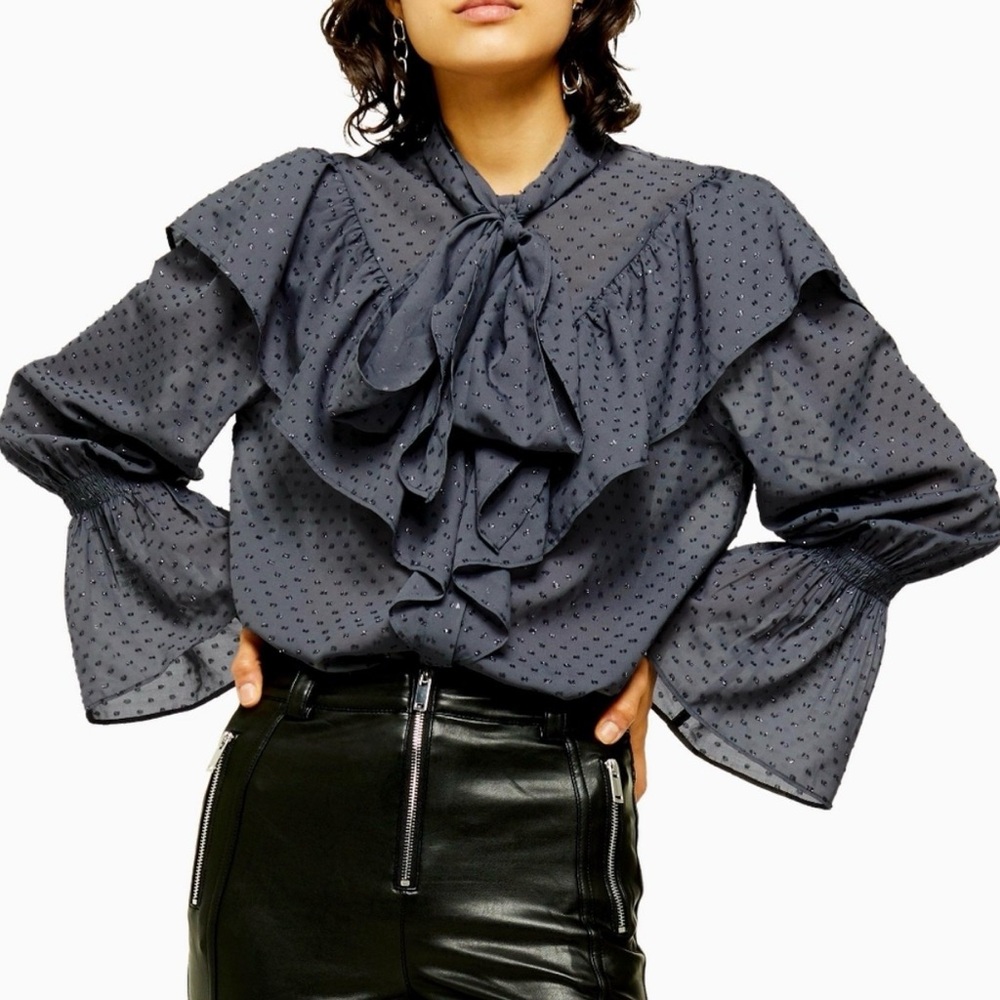 Topshop Idle Tie Ruffle Blouse - gunmetal